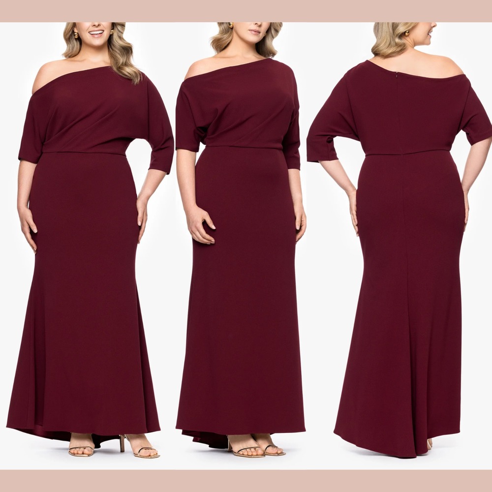 NEW $269‎ Betsy & Adam [ 22W ] One Shoulder Crepe Scuba Trumpet Gown S2058